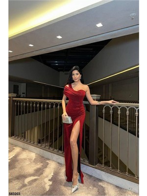 Lior Design Kadın Şık Model Tek Omuz Yırtmaçlı Abiye Elbise