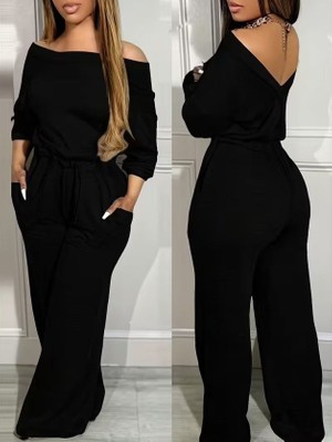 Trend Cojans Kadın Modanna Yaka Sırttan V Yakalı Beli Lastikli Viskon 2 Iplik Tulum