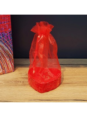Pileli Store Kırmızı Kalpli Tül Kese