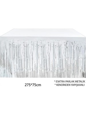 Pileli Store Gümüş Metalize Masa Eteği 275X75 cm – Kendinden Yapışkanlı