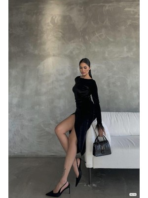 Lior Design Kadın Modern Esnek Kadife Kumaş Degaje Yaka Yırtmaçlı Abiye Elbise