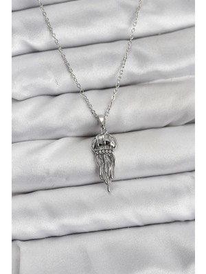 Pileli Store 316L Çelik Zincir Gümüş Renk Deniz Anası Model Zirkon Taşlı Kadın Kolye TJ-BKO10843