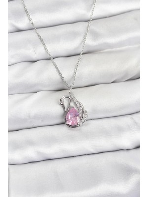Pileli Store 316L Çelik Zincir Gümüş Renk Pembe Kuğu Model Zirkon Taşlı Kadın Kolye TJ-BKO10866