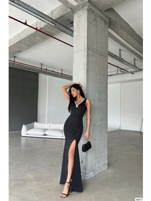 Lior Design Kadın Vintage V Yaka Yırtmaçlı Maxi Abiye Elbise