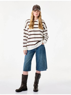 Koton Gömlek Yaka Çizgili Kahverengi Kadın Sweatshirt 7WAL10085IK