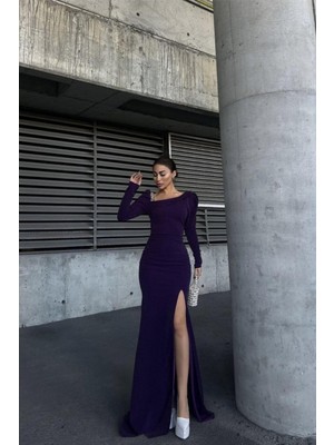 Lior Design Kadın Şık Model Kayık Yaka Taş Detaylı Uzun Kollu Abiye Elbise