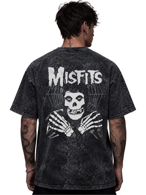 Sevbano Misfits Rock Metal Müzik Grubu Baskılı Unisex Oversize Eskitme Yıkamalı Tişört