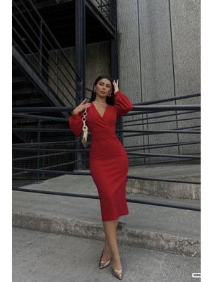 Lior Design Kadın Sade Kruvaze Yaka Midi Uzun Kollu Elbise
