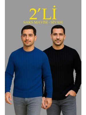 TeknoKapsül Erkek Fitilli Triko Kazak 2’li Set Siyah Saks Mavisi Kalın Dokuma Pamuklu Regular Fit - Siyah - Saks Mavisi / S
