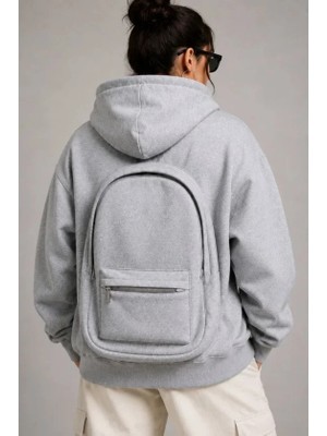 TeknoKapsül 3 Iplik Şardonlu Tam Fermuarlı Kapüşonlu Arka Çanta Detaylı Sweatshirt - Gri - Gri / Xl