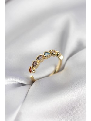 Pileli Store Gold Renk Kalp Model Renkli Zirkon Taşlı Kadın Yüzük TJ-BYK3963