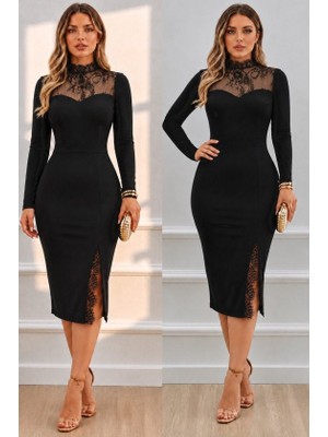 TeknoKapsül Kadın Uzun Kollu Dantel Yakalı Yırtmaçlı Midi Ithal Krep Elbise - Siyah / 2xl-3xl