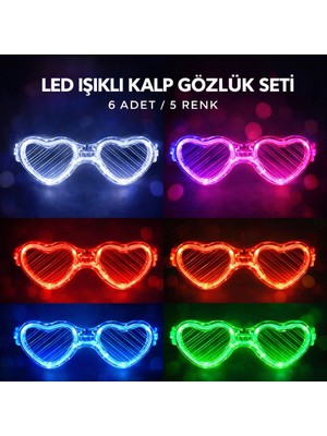 Uravas Store LED Işıklı Kalp Glow Pilli Parti Gözlüğü – 6 Adet / 5 Renk Set