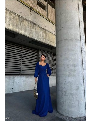 Lior Design Kadın Bohem Saten Kumaş Kare Yaka Maxi Abiye Elbise