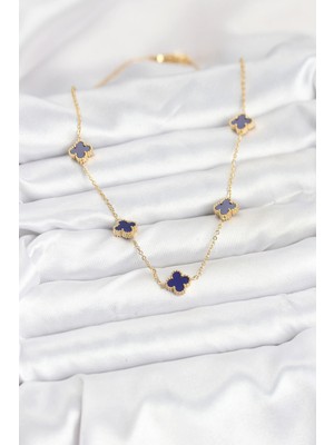 Uravas Store 316L Çelik Zincir Gold Renk Lacivert Baby Boy Yonca Kadın Kolye