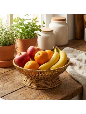 Uravas Store 28 cm Plastik Rattan Servis Çanağı – Doğal Hasır Görünümlü Dekoratif Meyve, Ekmek ve Sunum Kasesi