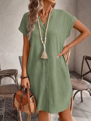 TeknoKapsül Kadın Kısa Kollu V Hakim Yakalı Kısa Keten Elbise - Yeşil / 2xl-3xl