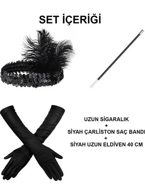 Uravas Store 1920&APOS;LER Gatsby Aksesuar Seti – Siyah Charleston Saç Bandı, Uzun Eldiven &amp;amp; Sigaralık