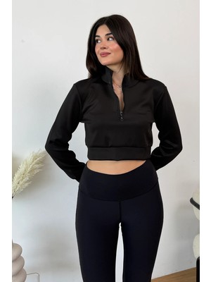 Giysa Kadın Dik Yaka Yarım Fermuarlı Uzun Kollu Sweatshirt Siyah - 2534