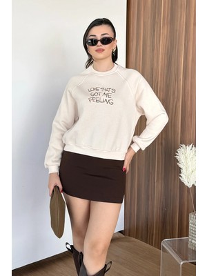 Giysa Kadın Bisiklet Yaka Yazı nakışlı Sweatshirt Taş - 27K 2714