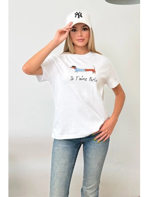 Giysa Kadın Bisiklet Yaka Köpek Baskılı T-Shirt Beyaz - 26Y 2222