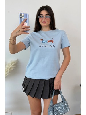 Giysa Kadın Bisiklet Yaka Köpek Baskılı T-Shirt Mavi - 26Y 2222