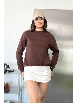 Giysa Kadın Bisiklet Yaka Stoper Detaylı Basic Sweatshirt Kahverengi - 27K 2716
