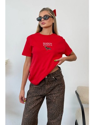 Giysa Kadın Bisiklet Yaka Maison Köpek Baskılı T-Shirt kırmızı - 26Y 4444