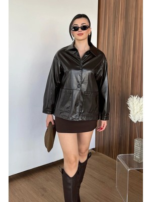 Giysa Kadın Gömlek Yaka Düğmeli Deri Ceket Kahverengi - 27K 312