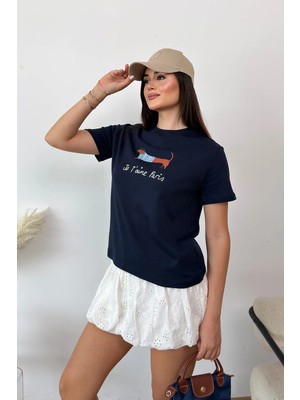 Giysa Kadın Bisiklet Yaka Köpek Baskılı T-Shirt lacivert - 26Y 2222