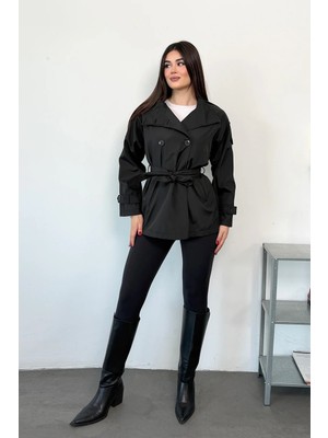 Giysa Kadın Dik Yaka Beli Kuşaklı Çift Cepli Trençkot Siyah - 27K 5980