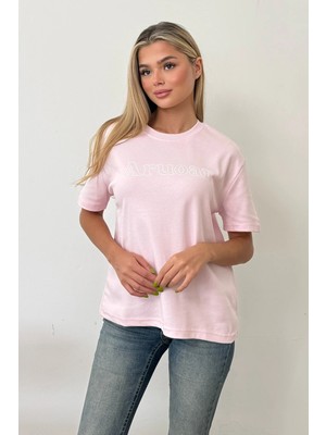 Giysa Kadın Bisiklet Yaka Aruoar baskılı T-Shirt Pembe - 26Y 3333