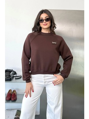 Giysa Kadın Bisiklet Yaka Leopar Nakışlı Sweatshirt Kahverengi - 27K 2712