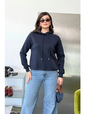 Giysa Kadın Kapüşonlu Stoper Detaylı Basic Sweatshirt Lacivert - 27K 2761