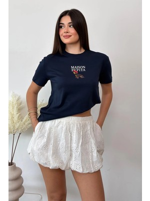 Giysa Kadın Bisiklet Yaka Maison Köpek Baskılı T-Shirt Lacivert - 26Y 4444