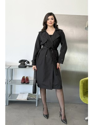 Giysa Kadın Kruvaze Yaka Beli Kuşaklı Uzun Trençkot Siyah - 27K 4058