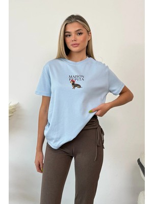 Giysa Kadın Bisiklet Yaka Maison Köpek Baskılı T-Shirt Mavi - 26Y 4444