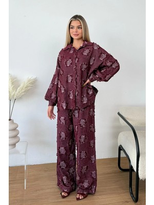 Giysa Kadın Desenli Gömlekli Pantolon Takım Bordo - 26K 6024