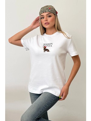 Giysa Kadın Bisiklet Yaka Maison Köpek Baskılı T-Shirt Beyaz - 26Y 4444