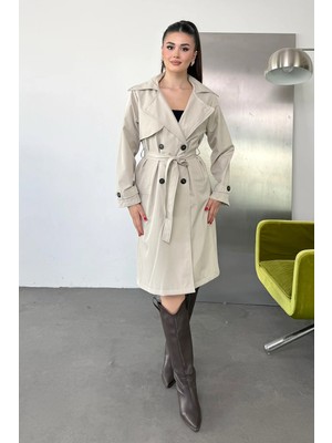 Giysa Kadın Kruvaze Yaka Beli Kuşaklı Uzun Trençkot Taş - 27K 4058