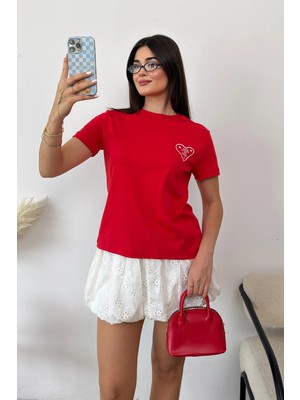 Giysa Kadın Bisiklet Yaka Amore Kalp Baskılı T-Shirt Kırmızı - 26Y 1111