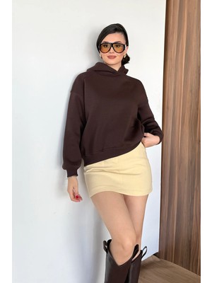 Giysa Kadın Kapüşonlu Basic Sweatshirt Kahverengi - 27K 2672