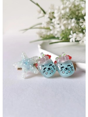 Halley Concept Simli Denizyıldızı & Mavi Kedi Desenli Pensli Toka – 6x2,5 cm