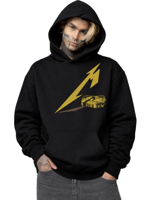 Fuddy Moda Unisex Metallica Logo Asimetrik Baskılı Kapüşonlu Sweatshirt, Oversize Rock Band Temalı Hoodie