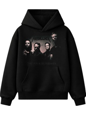 Fuddy Moda Unisex Metallica The Four Horsemen Baskılı Kapüşonlu Sweatshirt, Oversize Rock Band Temalı Hoodie