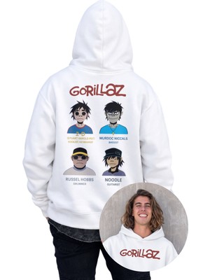 Fuddy Moda Unisex Gorillaz Members Sırt Baskılı Kapüşonlu Sweatshirt, Oversize Rock Band Temalı Hoodie