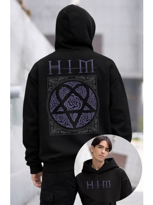 Fuddy Moda Unisex Rock Band Him Sırt Baskılı Kapüşonlu Sweatshirt, Oversize Rock Metal Temalı Hoodie