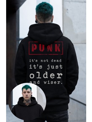Fuddy Moda Unisex Punk Is Not Dead Sırt Baskılı Kapüşonlu Sweatshirt, Oversize Rock Music Temalı Hoodie