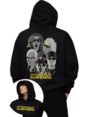 Fuddy Moda Unisex Scorpions Sırt Baskılı Kapüşonlu Sweatshirt, Oversize Rock Band Temalı Hoodie