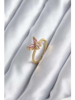 Uravas Store Gold Renk Pembe Zirkon Taşlı Kelebek Model Kadın Yüzük - TJ-BYK2842